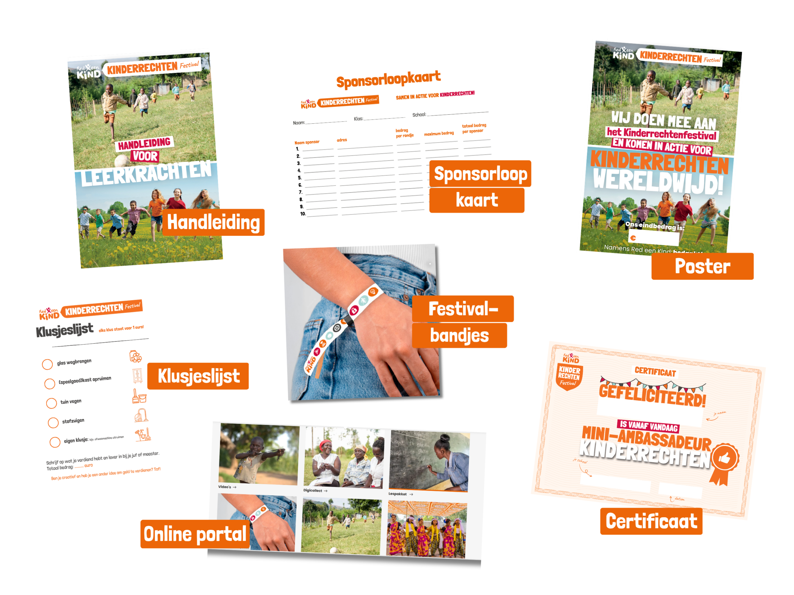Verschillende materialen voor een kinderrechtenfestival, zoals posters, festivalbandjes en een online portal.